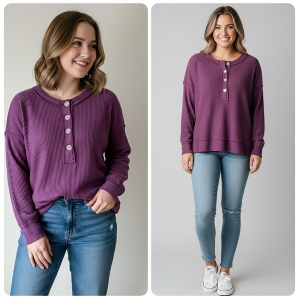 Andree by Unit Relaxed Oversized Fit Waffle Knit Long Sleeve Top Magenta Size M